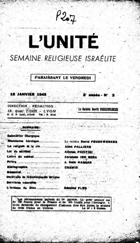 L'Unité : Semaine religieuse israélite. 2ème Année N° 2 (12 janvier 1945)